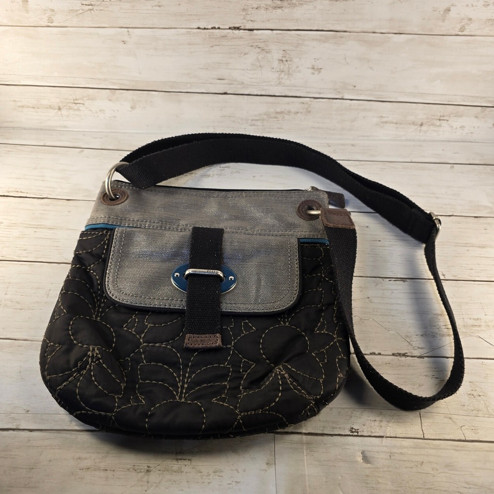 Fossil Key-Per Crossbody Bag Black Quilted Nylon Grey Coated Canvas Messenger